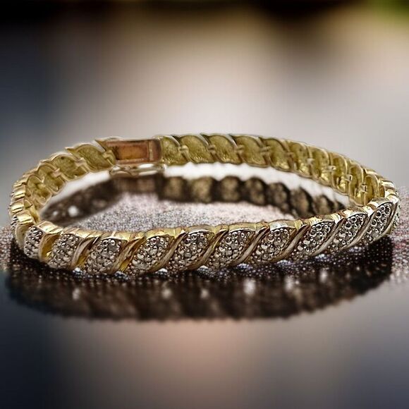 Gold Over Sterling Silver Diamond Bracelet Taiwan FAS Vintage 90s Twist Design - Picture 16 of 16